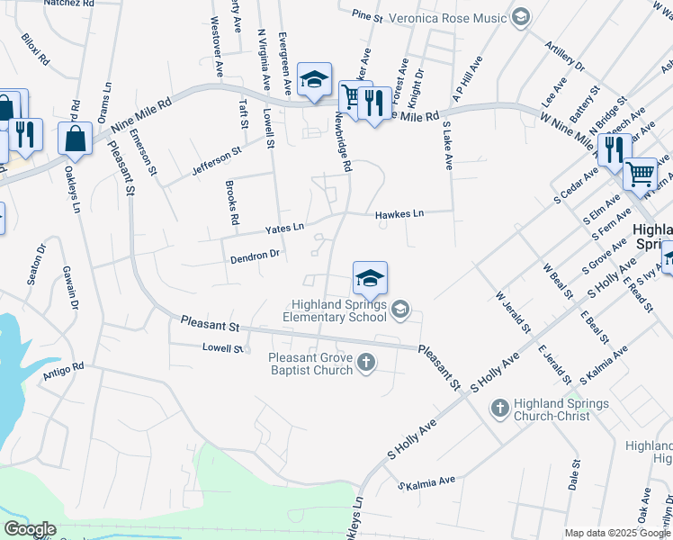 map of restaurants, bars, coffee shops, grocery stores, and more near 404 Alamosa Drive in Highland Springs