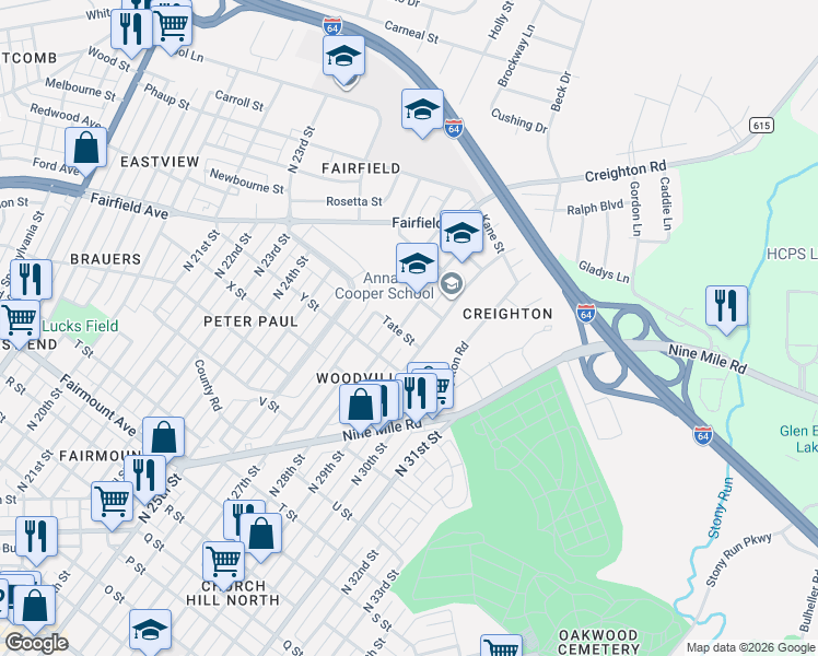 map of restaurants, bars, coffee shops, grocery stores, and more near 1911 North 28th Street in Richmond