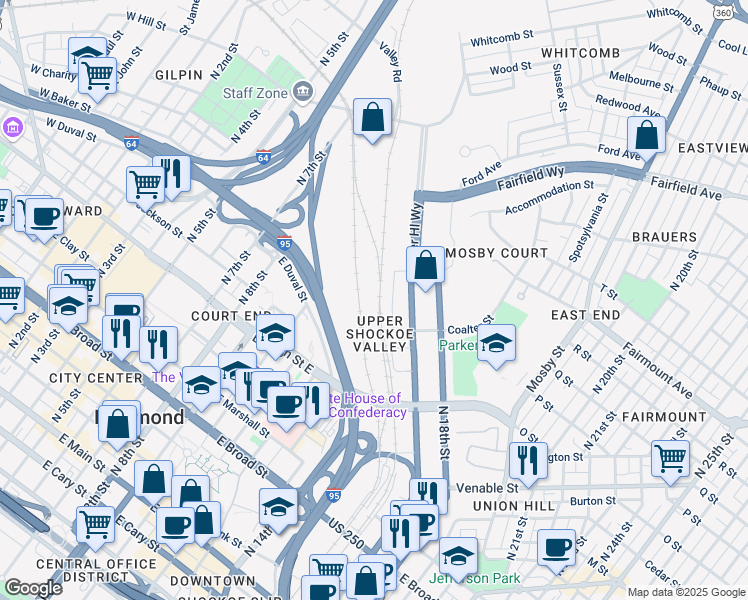 map of restaurants, bars, coffee shops, grocery stores, and more near 1060 Oliver Hill in Richmond