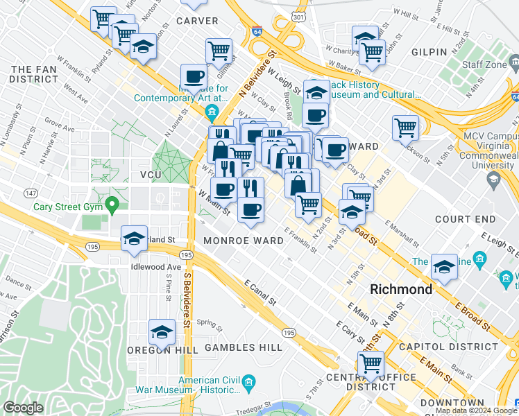 map of restaurants, bars, coffee shops, grocery stores, and more near 110 West Franklin Street in Richmond