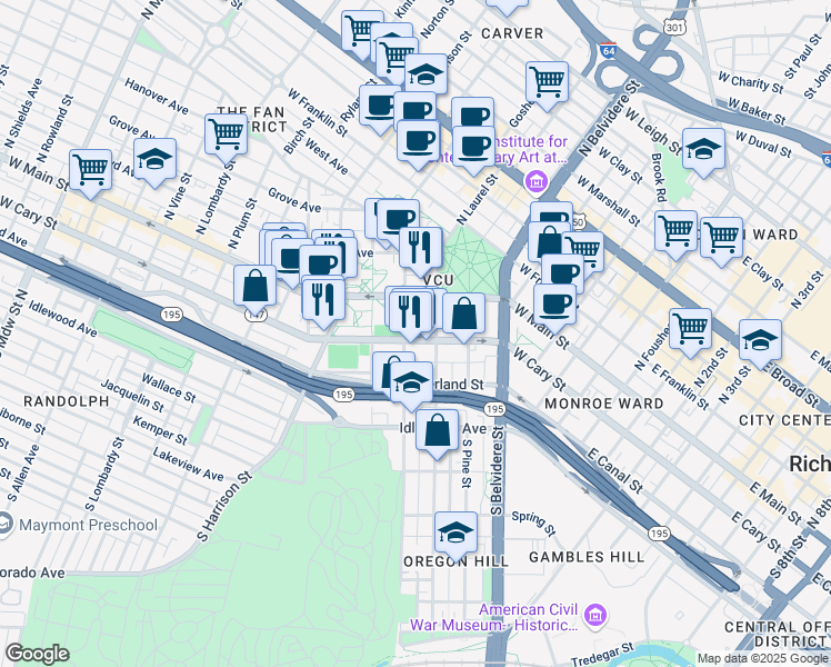 map of restaurants, bars, coffee shops, grocery stores, and more near 800 West Cary Street in Richmond