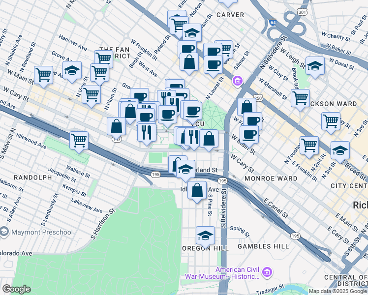 map of restaurants, bars, coffee shops, grocery stores, and more near 800 West Cary Street in Richmond