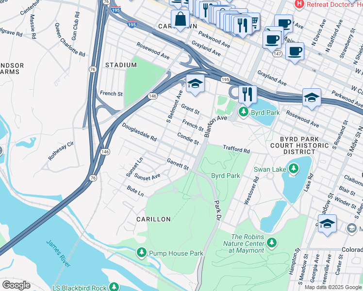 map of restaurants, bars, coffee shops, grocery stores, and more near 3010 Douglasdale Road in Richmond