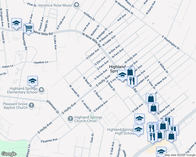 map of restaurants, bars, coffee shops, grocery stores, and more near 109 South Grove Avenue in Highland Springs