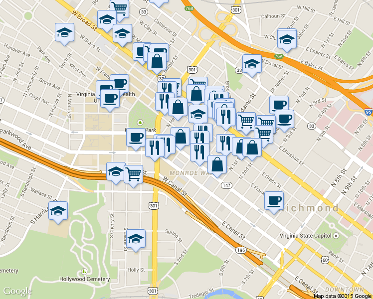 map of restaurants, bars, coffee shops, grocery stores, and more near 214 West Main Street in Richmond