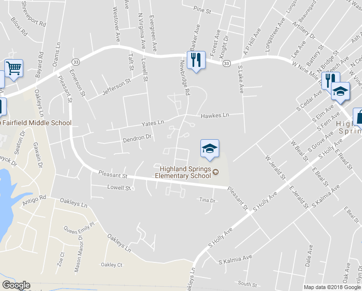 map of restaurants, bars, coffee shops, grocery stores, and more near 404 Alamosa Drive in Highland Springs