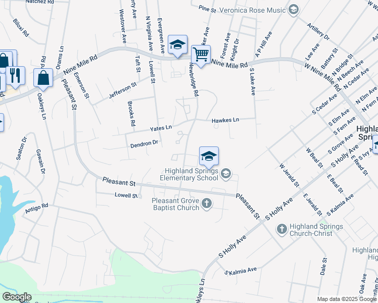 map of restaurants, bars, coffee shops, grocery stores, and more near 402 Alamosa Drive in Highland Springs