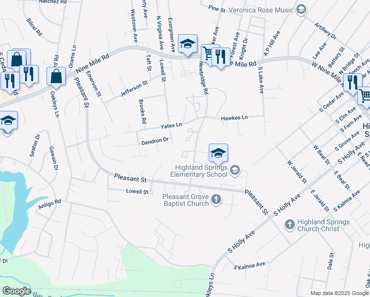 map of restaurants, bars, coffee shops, grocery stores, and more near 416 Newbridge Terrace in Richmond