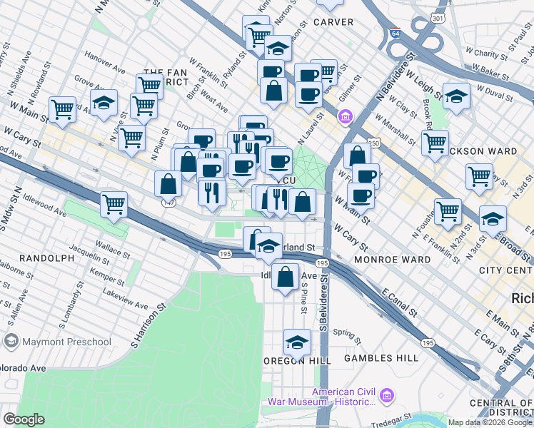 map of restaurants, bars, coffee shops, grocery stores, and more near 800 West Cary Street in Richmond