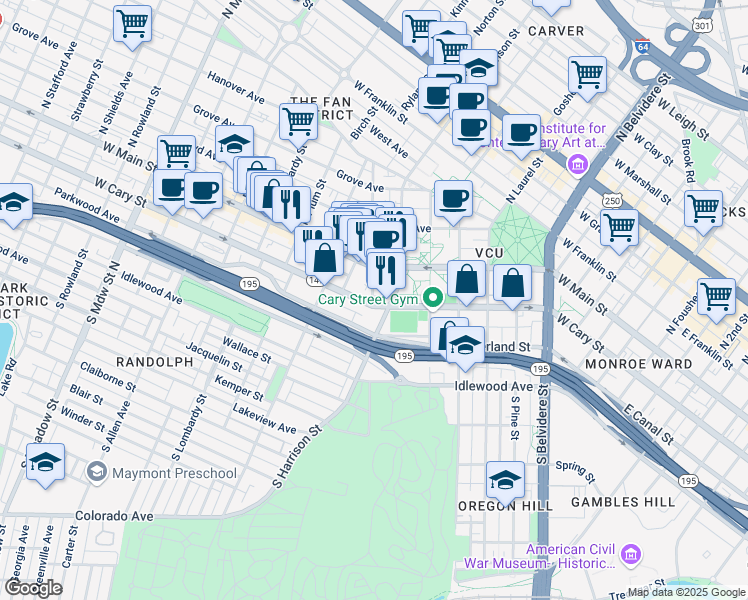 map of restaurants, bars, coffee shops, grocery stores, and more near 1114 West Cary Street in Richmond