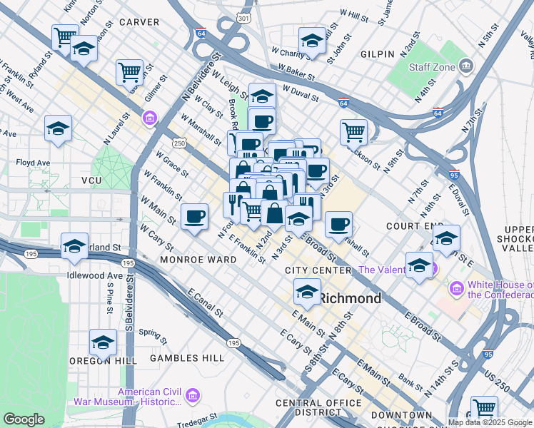 map of restaurants, bars, coffee shops, grocery stores, and more near 105 East Broad Street in Richmond