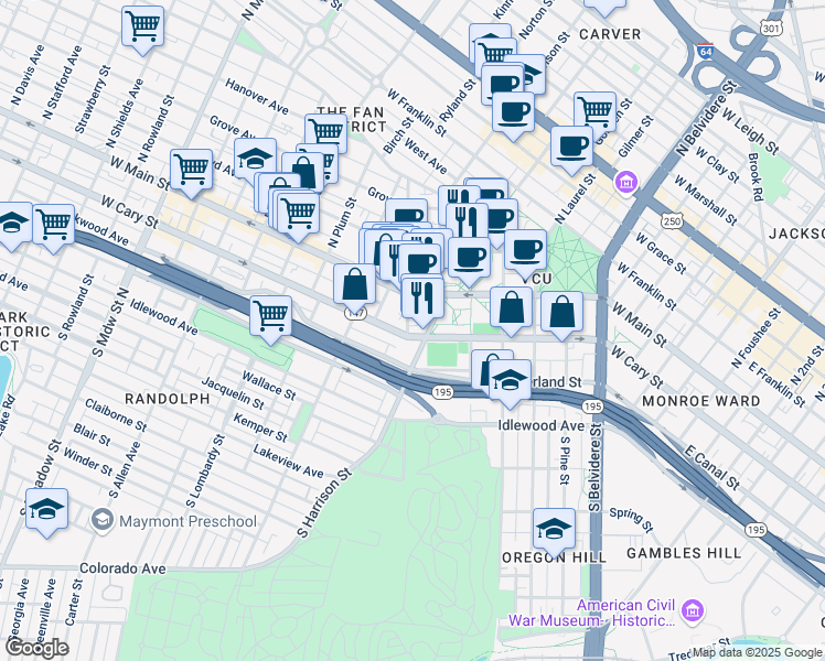 map of restaurants, bars, coffee shops, grocery stores, and more near 1112 West Cary Street in Richmond
