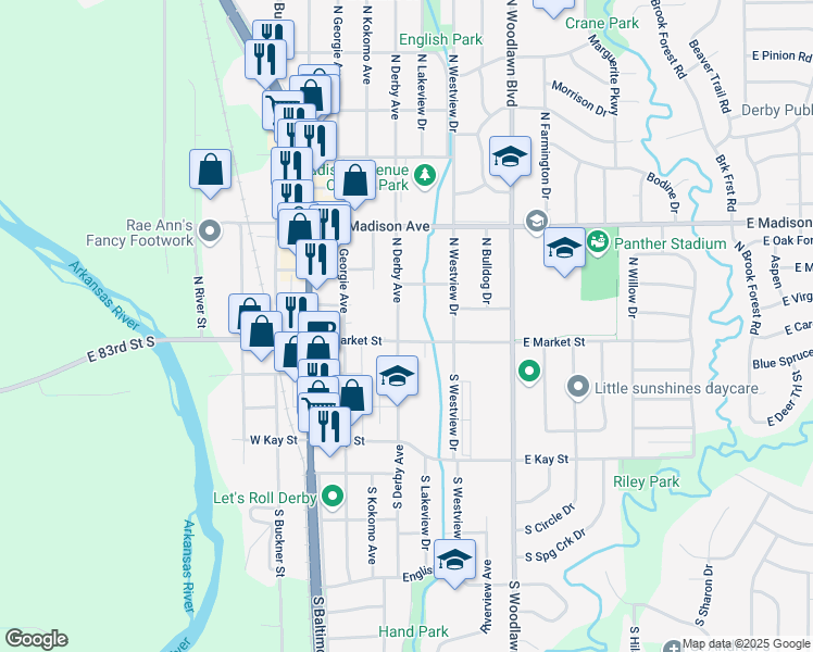 map of restaurants, bars, coffee shops, grocery stores, and more near 208 North Derby Avenue in Derby