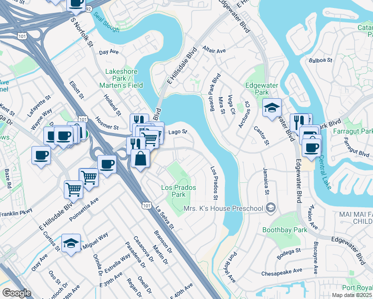 map of restaurants, bars, coffee shops, grocery stores, and more near 3077 Los Prados Street in San Mateo