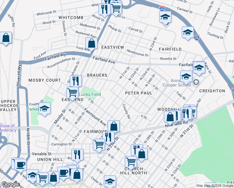 map of restaurants, bars, coffee shops, grocery stores, and more near 1608 North 22nd Street in Richmond