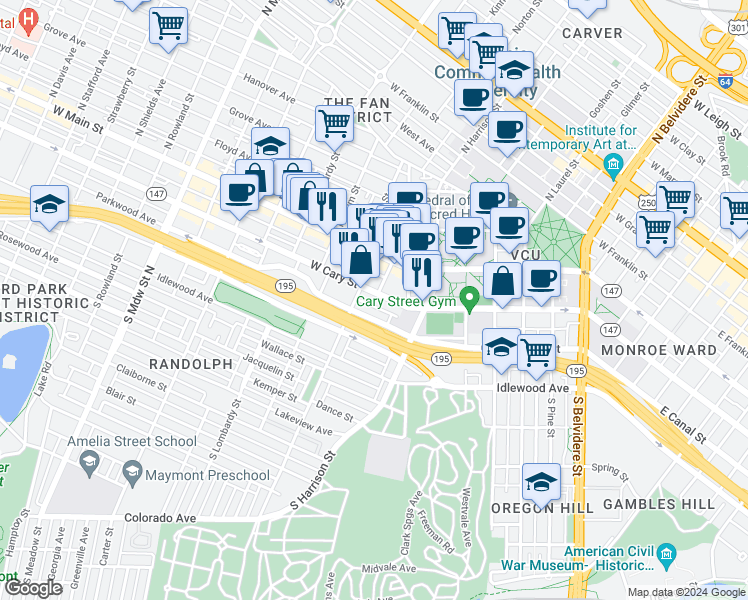 map of restaurants, bars, coffee shops, grocery stores, and more near 1263 West Cary Street in Richmond