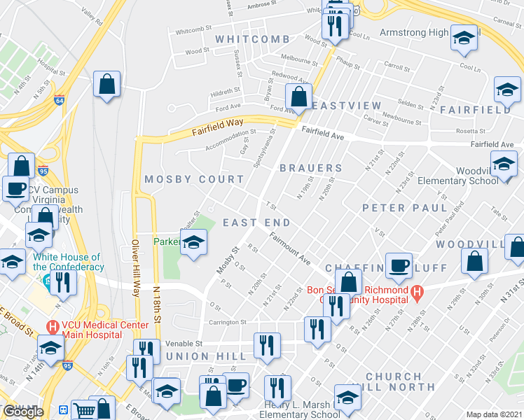 map of restaurants, bars, coffee shops, grocery stores, and more near 1315 Mechanicsville Turnpike in Richmond