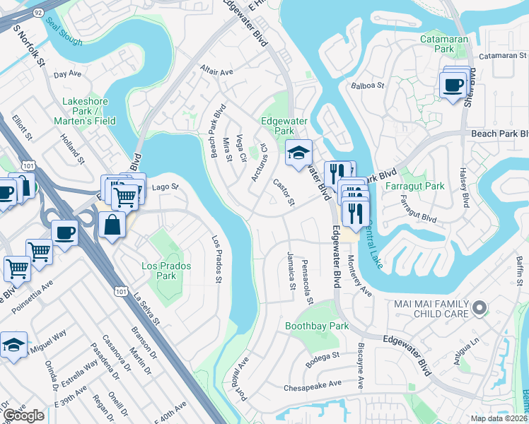 map of restaurants, bars, coffee shops, grocery stores, and more near 321 Beach Park Boulevard in Foster City