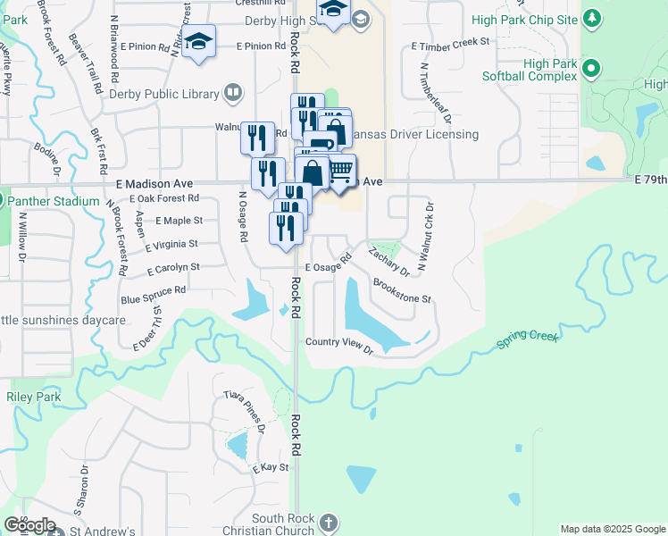 map of restaurants, bars, coffee shops, grocery stores, and more near 198 North Springwood Lane in Derby