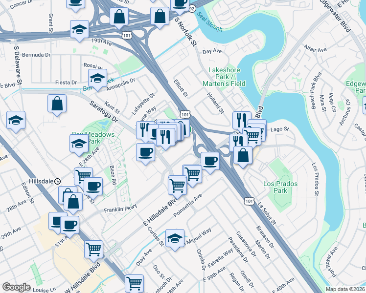 map of restaurants, bars, coffee shops, grocery stores, and more near 1100 Park Place in San Mateo