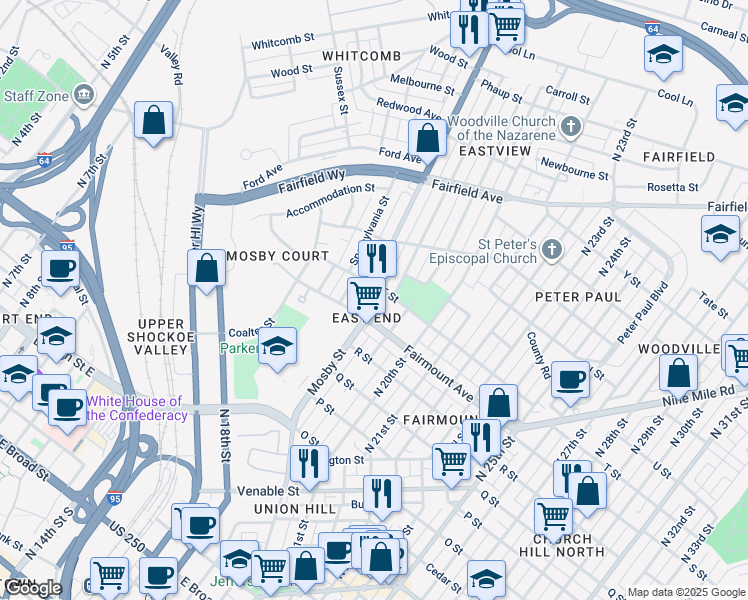 map of restaurants, bars, coffee shops, grocery stores, and more near 1315 Mechanicsville Turnpike in Richmond