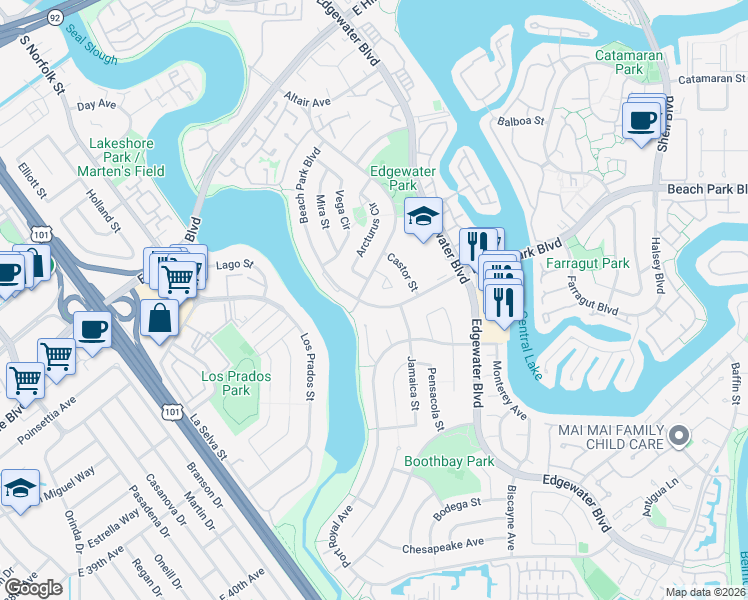 map of restaurants, bars, coffee shops, grocery stores, and more near 321 Beach Park Boulevard in Foster City