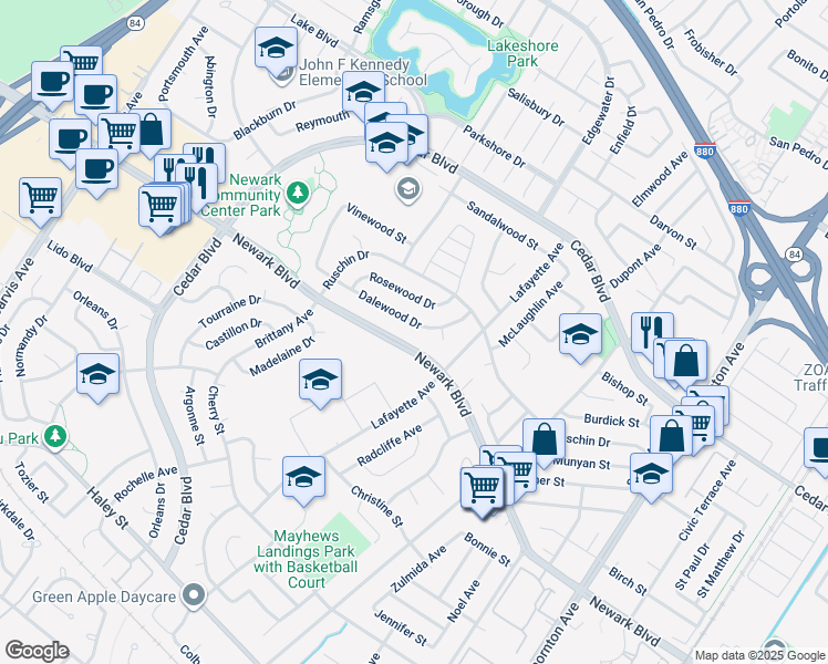 map of restaurants, bars, coffee shops, grocery stores, and more near 36109 Dalewood Drive in Newark