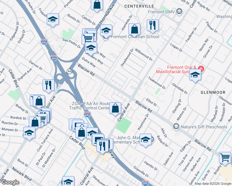 map of restaurants, bars, coffee shops, grocery stores, and more near 37521 Summer Holly Common in Fremont