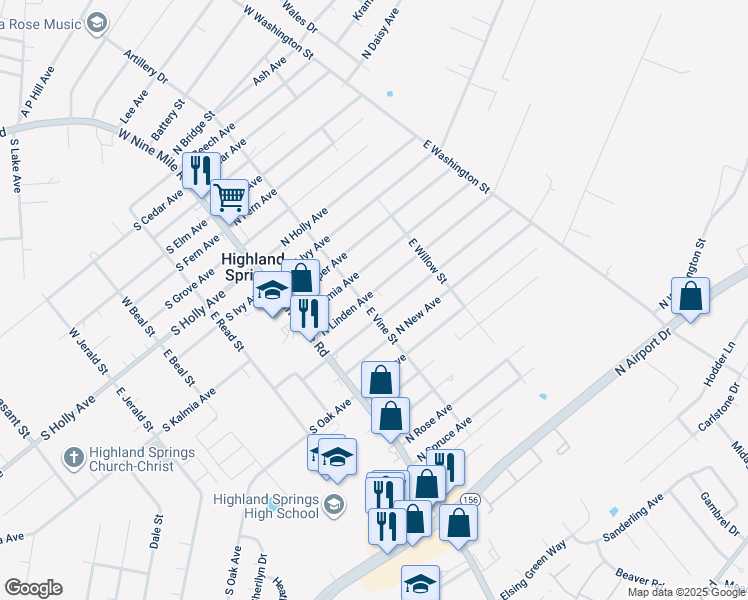 map of restaurants, bars, coffee shops, grocery stores, and more near 101 North Linden Avenue in Highland Springs