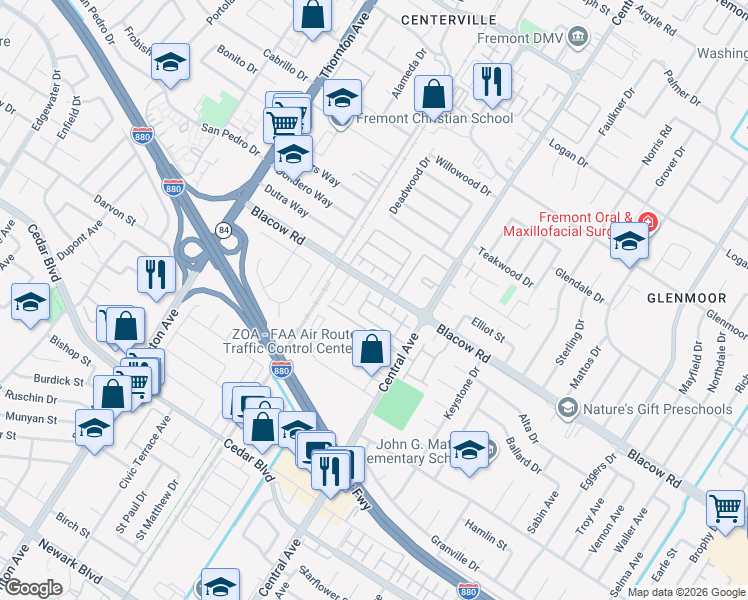 map of restaurants, bars, coffee shops, grocery stores, and more near 37521 Summer Holly Common in Fremont