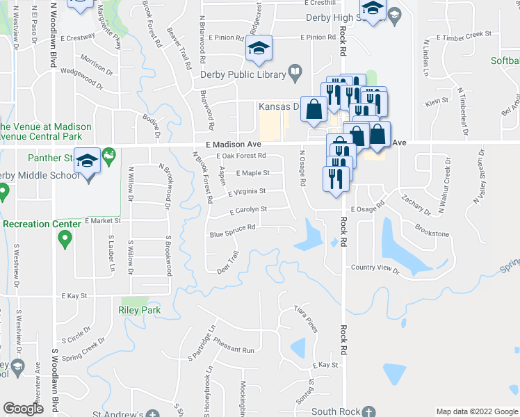 map of restaurants, bars, coffee shops, grocery stores, and more near 1598 East Carolyn Street in Derby