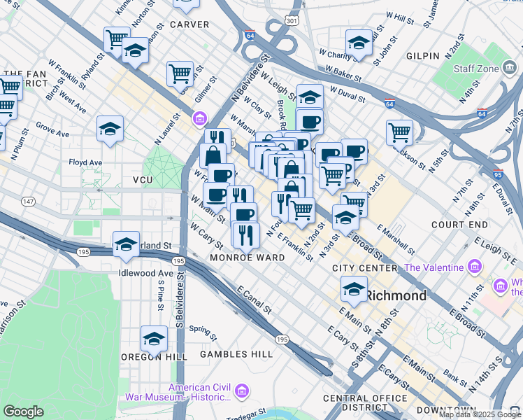 map of restaurants, bars, coffee shops, grocery stores, and more near 110 West Franklin Street in Richmond