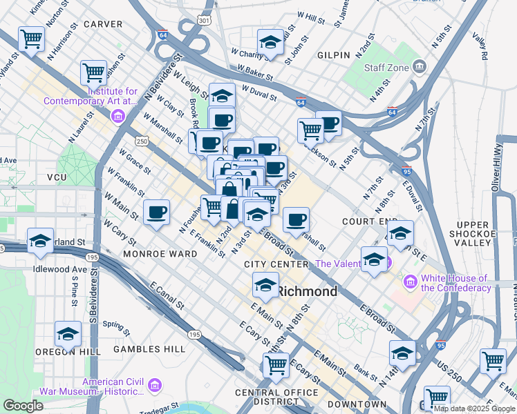 map of restaurants, bars, coffee shops, grocery stores, and more near 310n North 3rd Street in Richmond