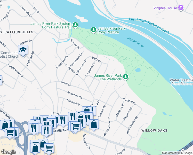 map of restaurants, bars, coffee shops, grocery stores, and more near 3407 Cooper Road in Richmond