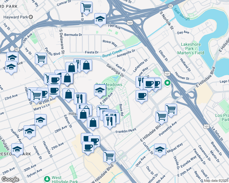 map of restaurants, bars, coffee shops, grocery stores, and more near 388 East 28th Avenue in San Mateo