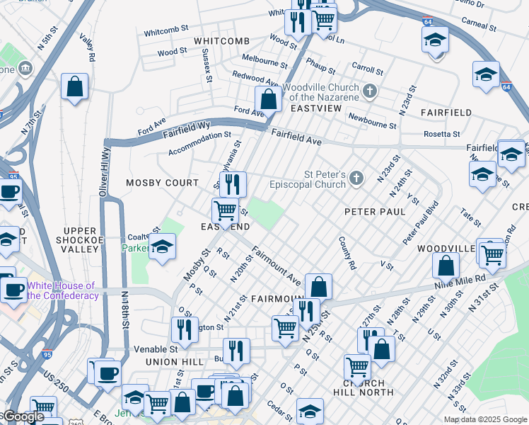 map of restaurants, bars, coffee shops, grocery stores, and more near 1415 Rogers Street in Richmond