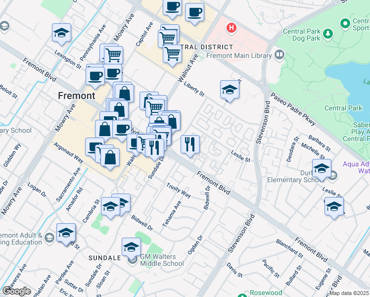 map of restaurants, bars, coffee shops, grocery stores, and more near 39548 Fremont Boulevard in Fremont