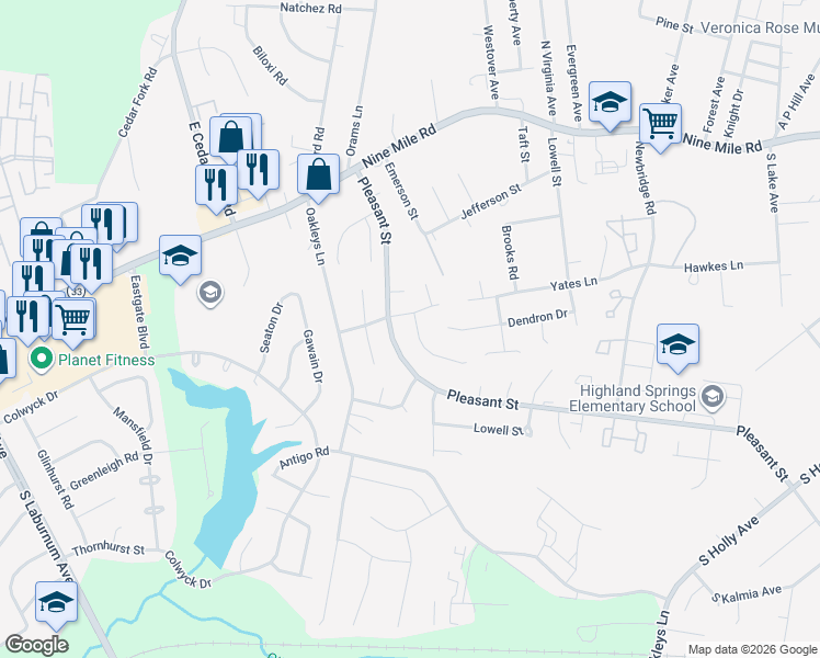map of restaurants, bars, coffee shops, grocery stores, and more near 949 Wynfield Terrace in Richmond