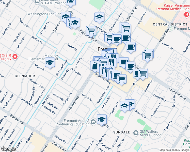 map of restaurants, bars, coffee shops, grocery stores, and more near 4200 Mowry Avenue in Fremont