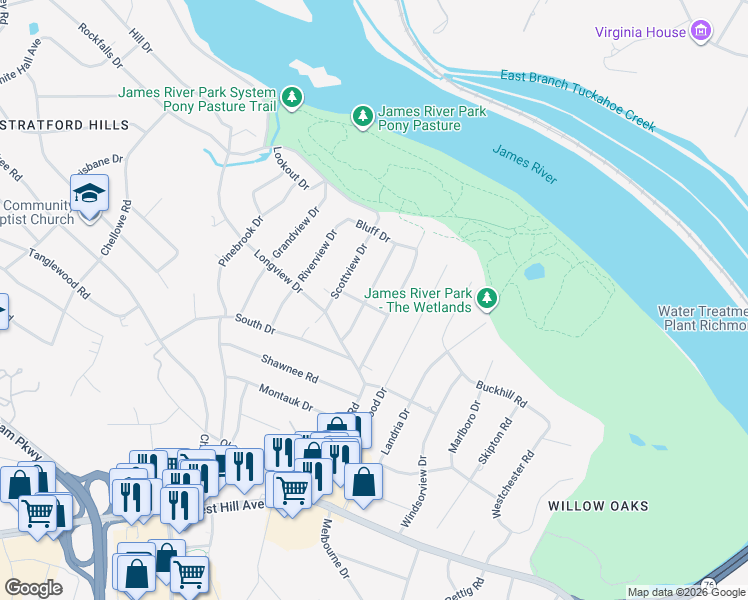 map of restaurants, bars, coffee shops, grocery stores, and more near 3407 Cooper Road in Richmond