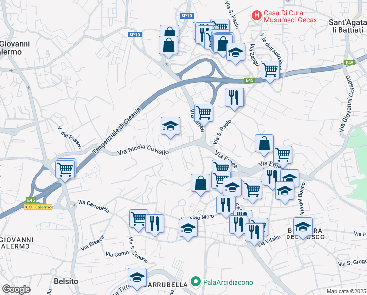 map of restaurants, bars, coffee shops, grocery stores, and more near 3 Via Donato Bramante in Gravina di Catania