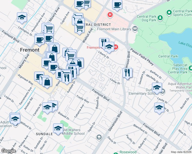map of restaurants, bars, coffee shops, grocery stores, and more near 39600 Fremont Boulevard in Fremont