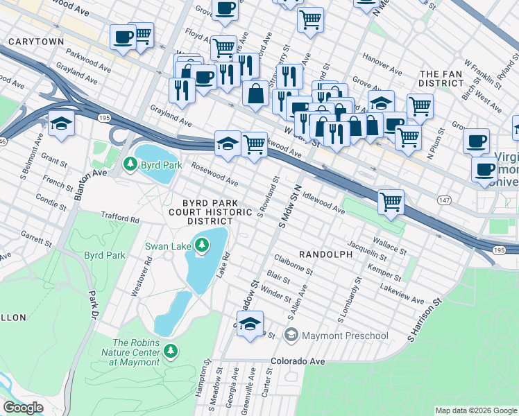 map of restaurants, bars, coffee shops, grocery stores, and more near 2104 Maplewood Avenue in Richmond