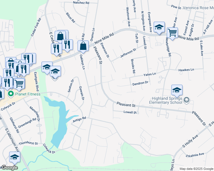 map of restaurants, bars, coffee shops, grocery stores, and more near 949 Wynfield Terrace in Richmond