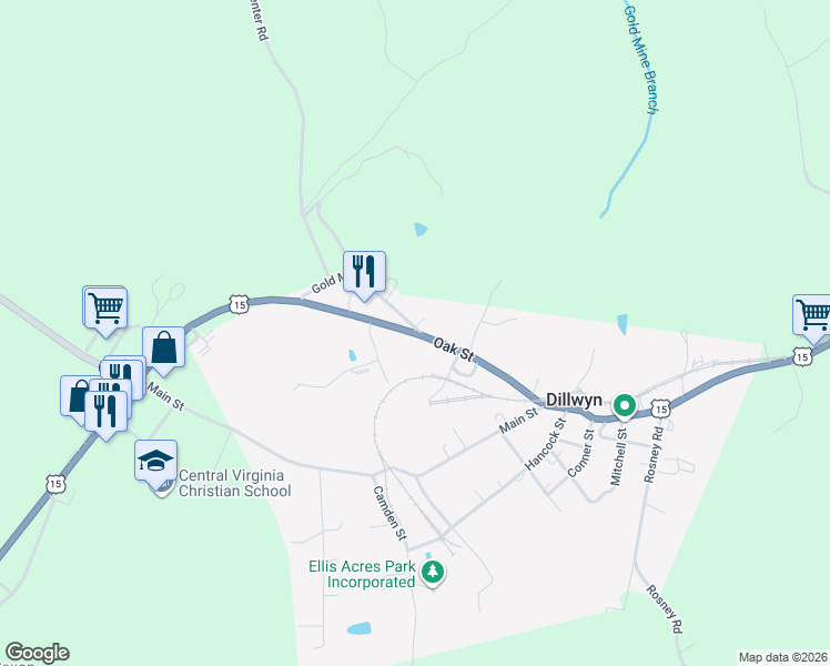 map of restaurants, bars, coffee shops, grocery stores, and more near Oak Street in Dillwyn