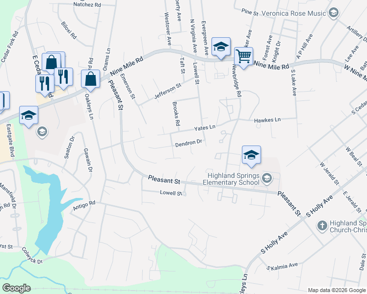 map of restaurants, bars, coffee shops, grocery stores, and more near 5607 Dendron Drive in Richmond