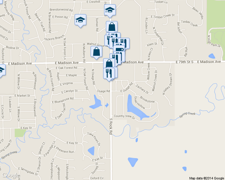 map of restaurants, bars, coffee shops, grocery stores, and more near 316 East Osage Road in Derby