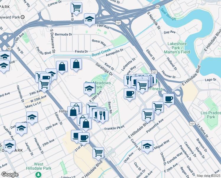map of restaurants, bars, coffee shops, grocery stores, and more near 475 Landeros Drive in San Mateo