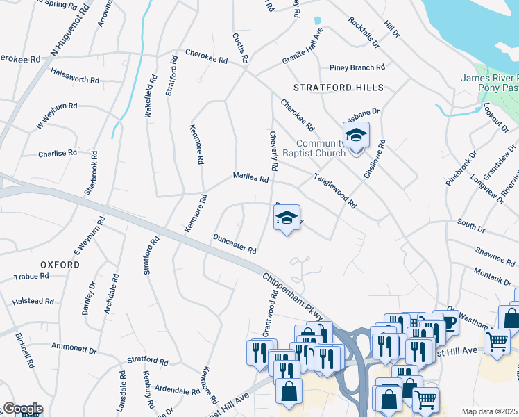 map of restaurants, bars, coffee shops, grocery stores, and more near 7709 Prairie Road in Richmond