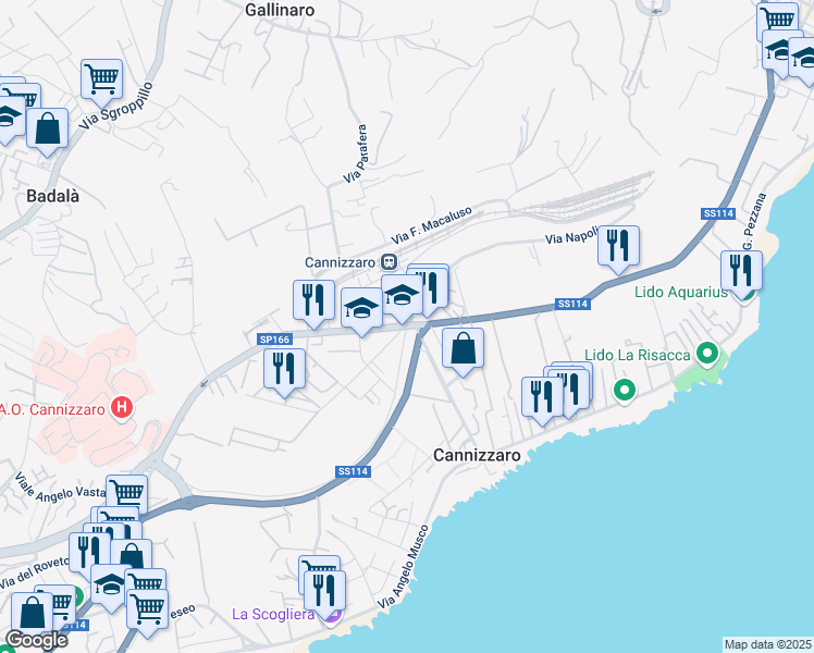 map of restaurants, bars, coffee shops, grocery stores, and more near 26A Via Firenze in Aci Castello